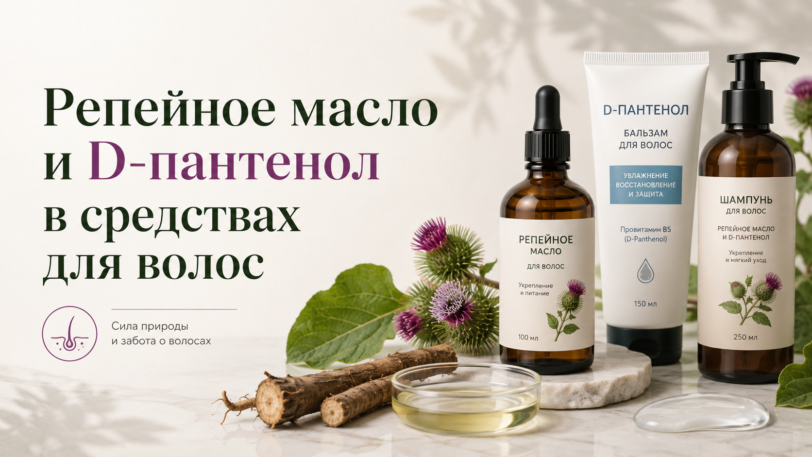 Репейное масло и D-пантенол в средствах для волос